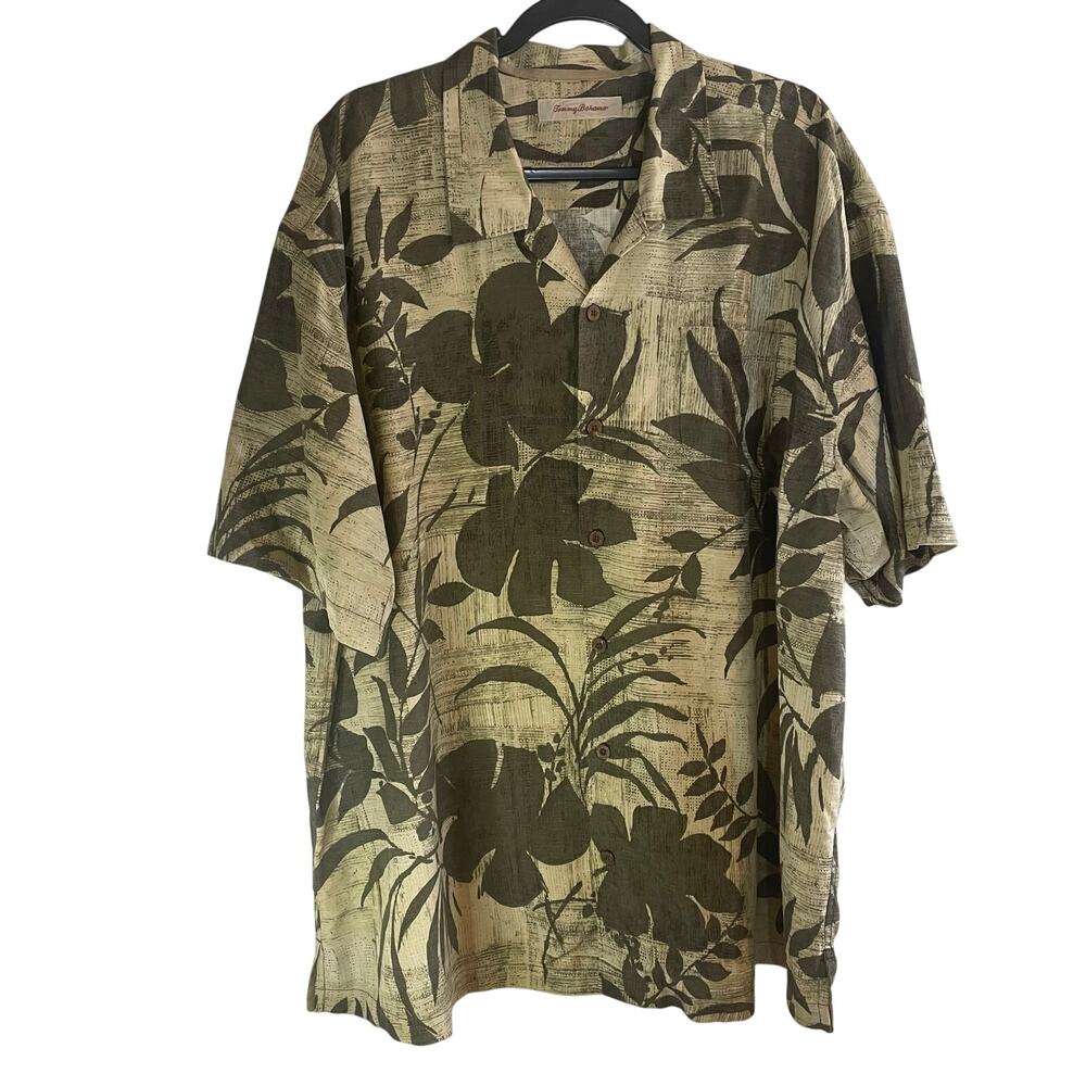 Tommy Bahama 100% silk Beige & Green Aloha Hawaiian Short Sleeve Shirt XXL